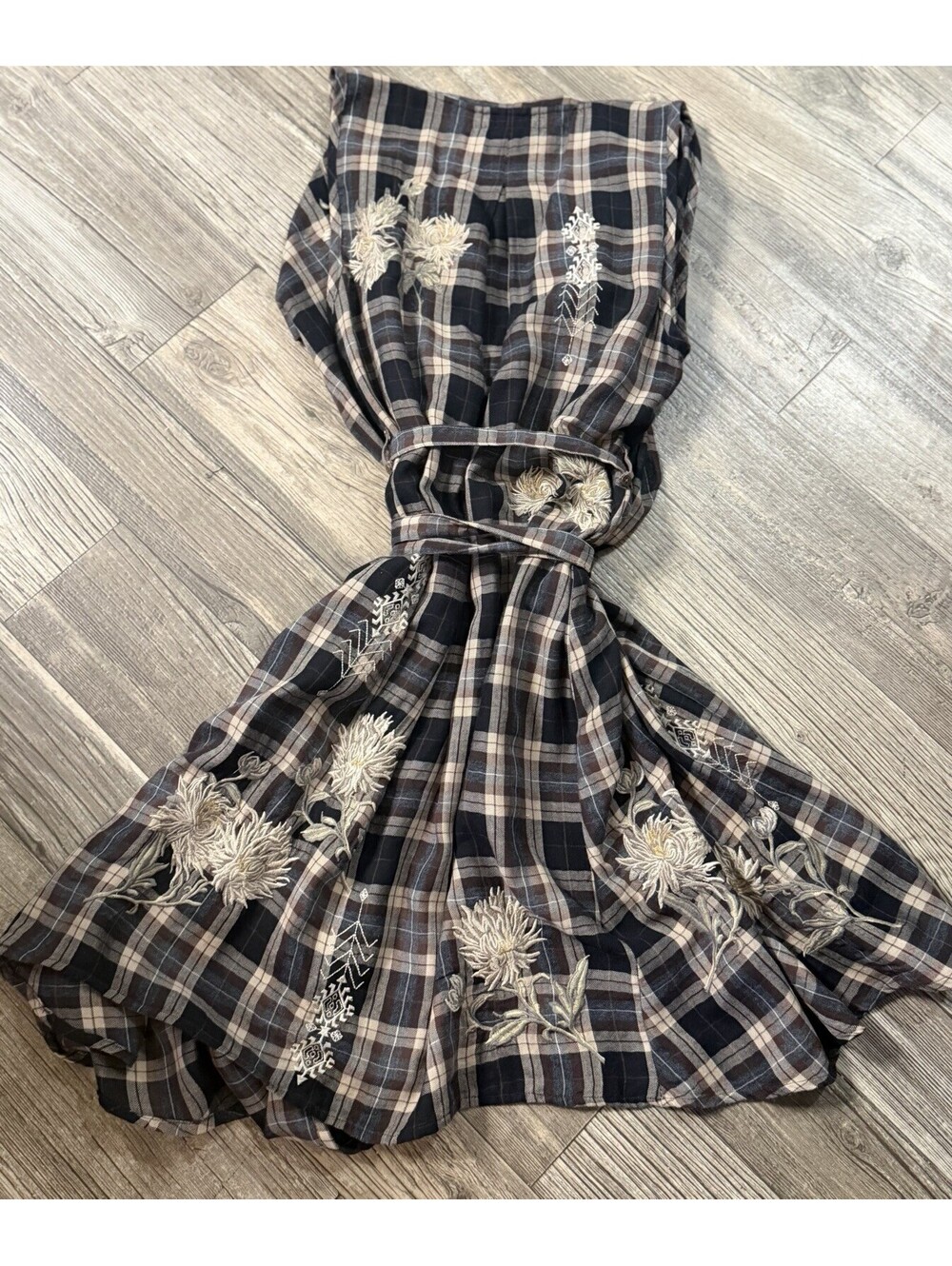 Johnny Was 3J Workshop Gavin Plaid Embroidered Wrap Vest Duster Dress XS Boho